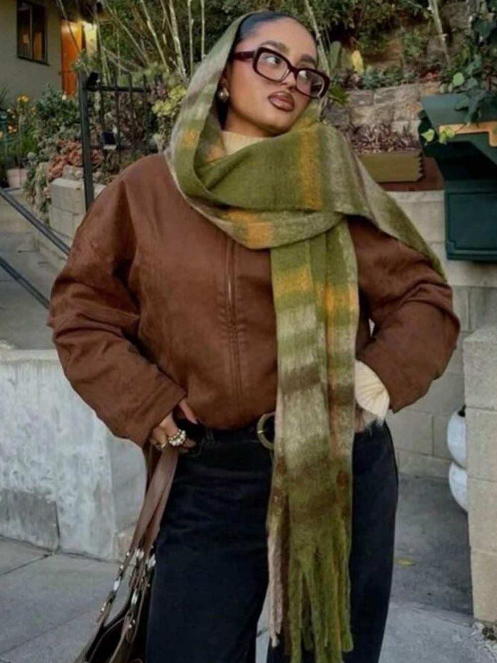 1pc Women's New Winter Faux Green Cashmere Plaid Scarf, Minimalist Fashion Tasse